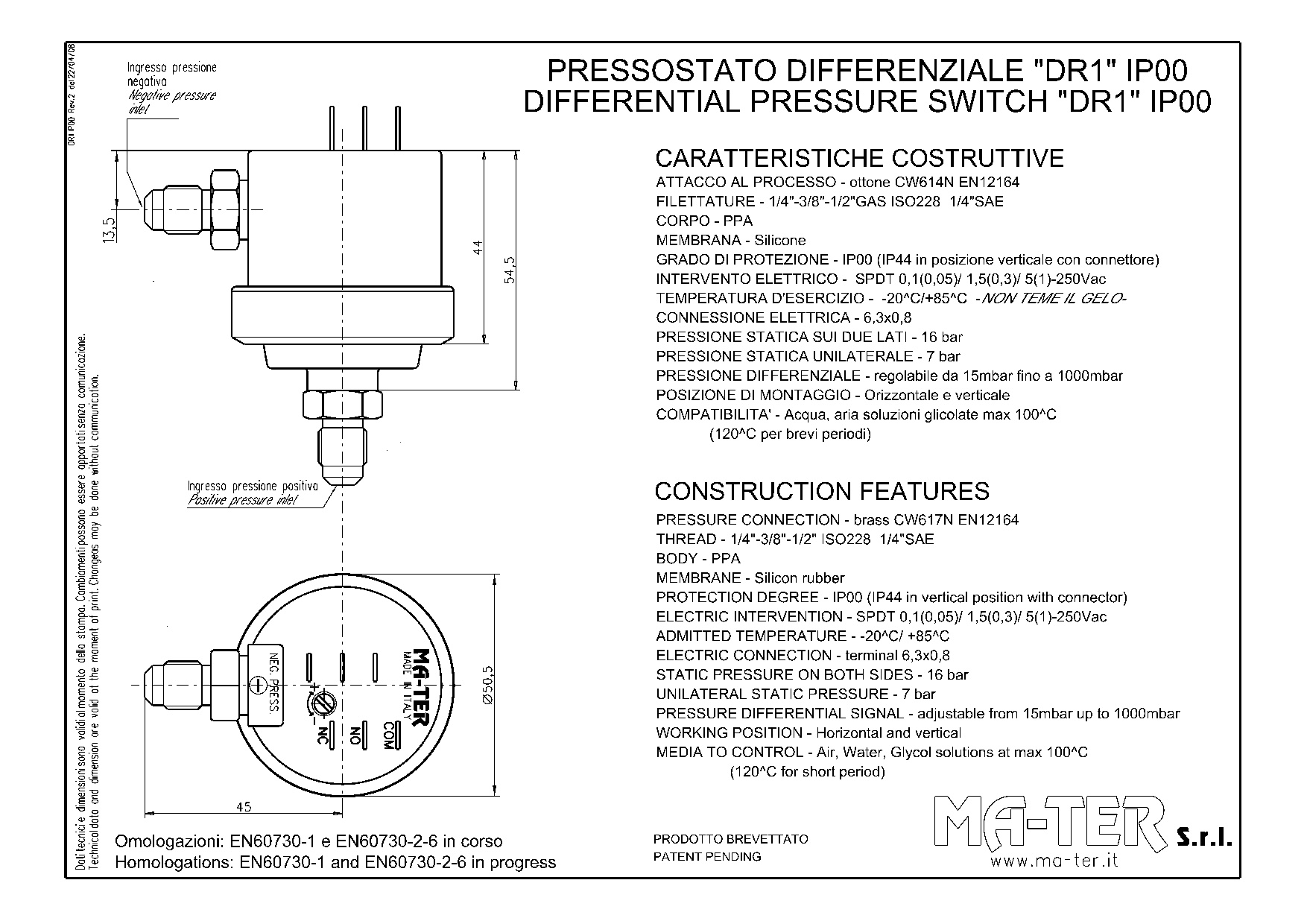 Differenzdruckschalter Mater DR1 50mbar 5A 250V G1/4Zoll 